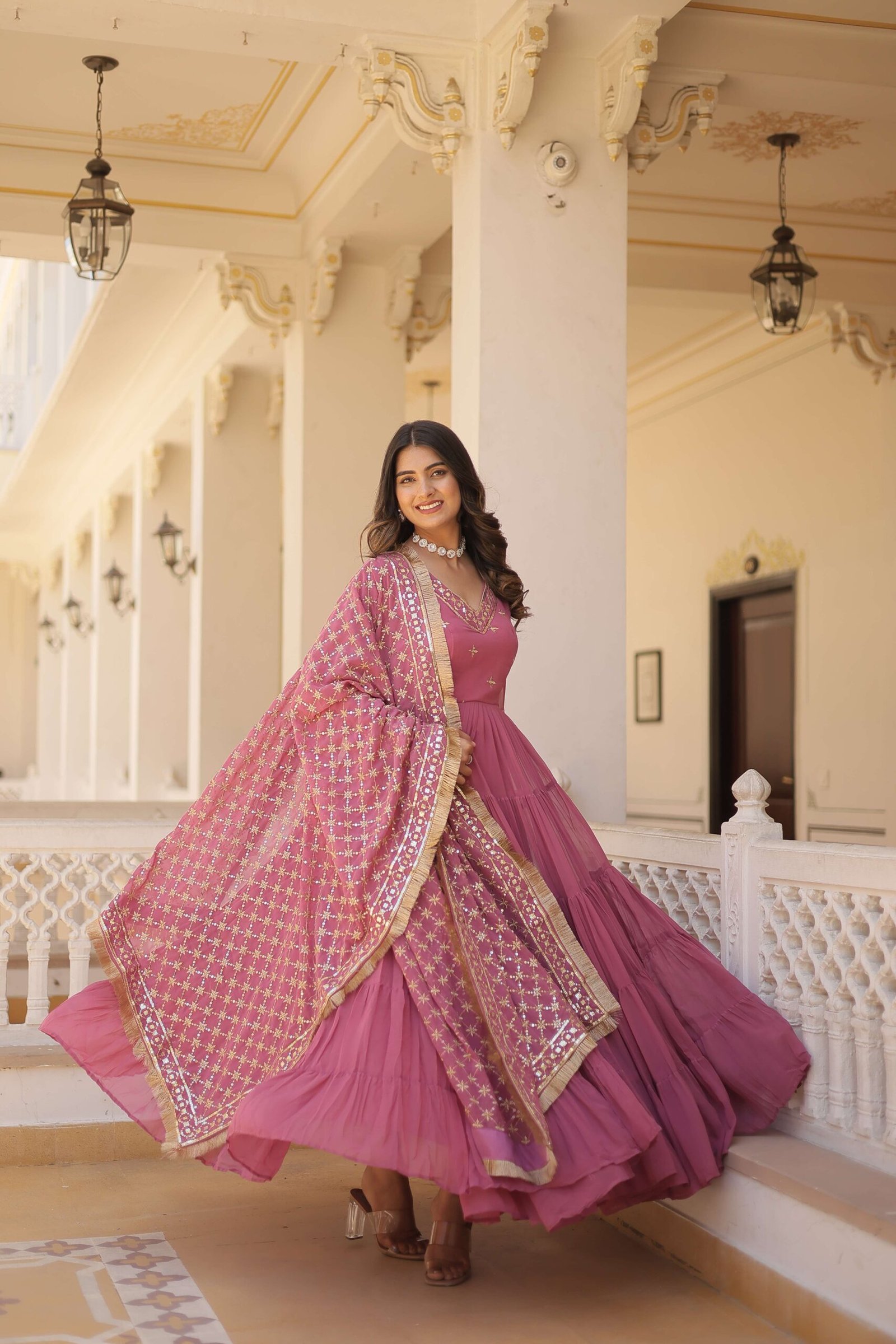 Onion Designer Faux Georgette Gown with Sequined Dupatta ? Elegant Festive & Party Wear Set - Image 3
