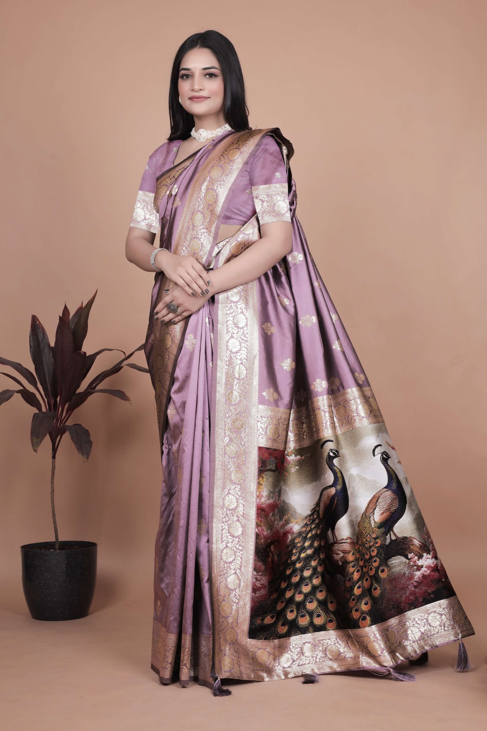 Lavender Banarasi Silk Saree with Golden Zari & Peacock Motif Pallu | Wedding, Festive & Traditional Wear - Image 3
