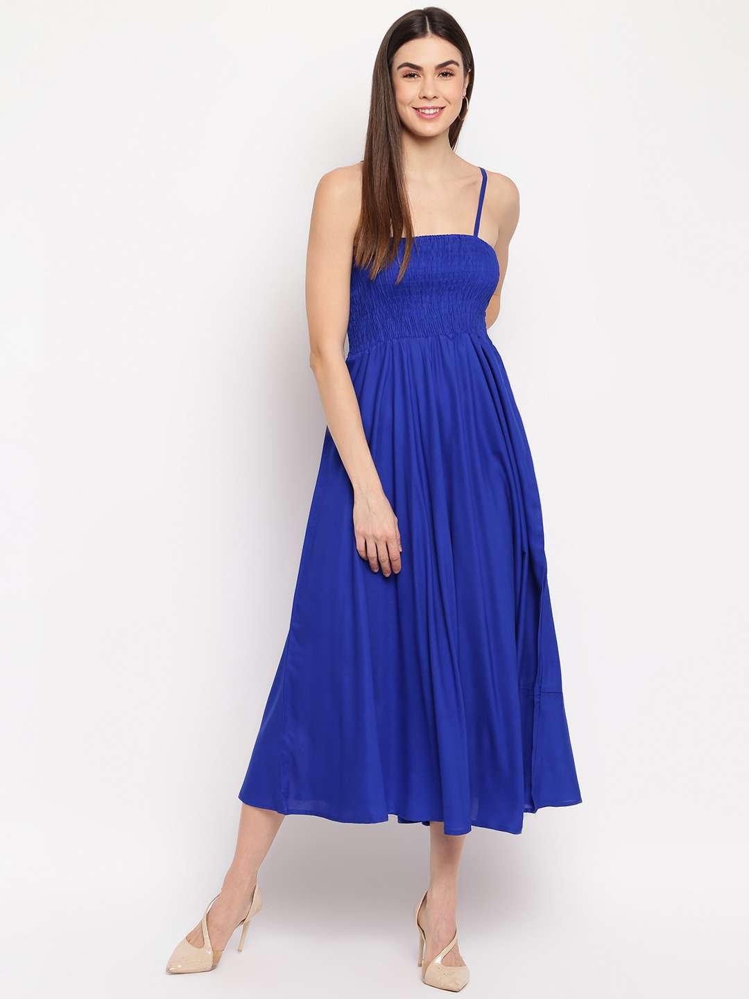 Women's Viscose Rayon Solid Shoulder Straps Sleeveless Flared Gown Drees (Royal Blue) - Image 6