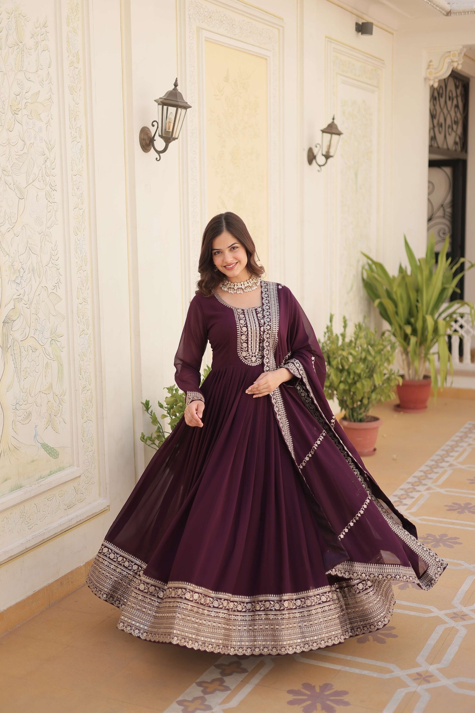 Wine Faux Blooming Sequins Embroidered Gown with Matching Dupatta ? Festive & Party Wear 2024 - Image 4