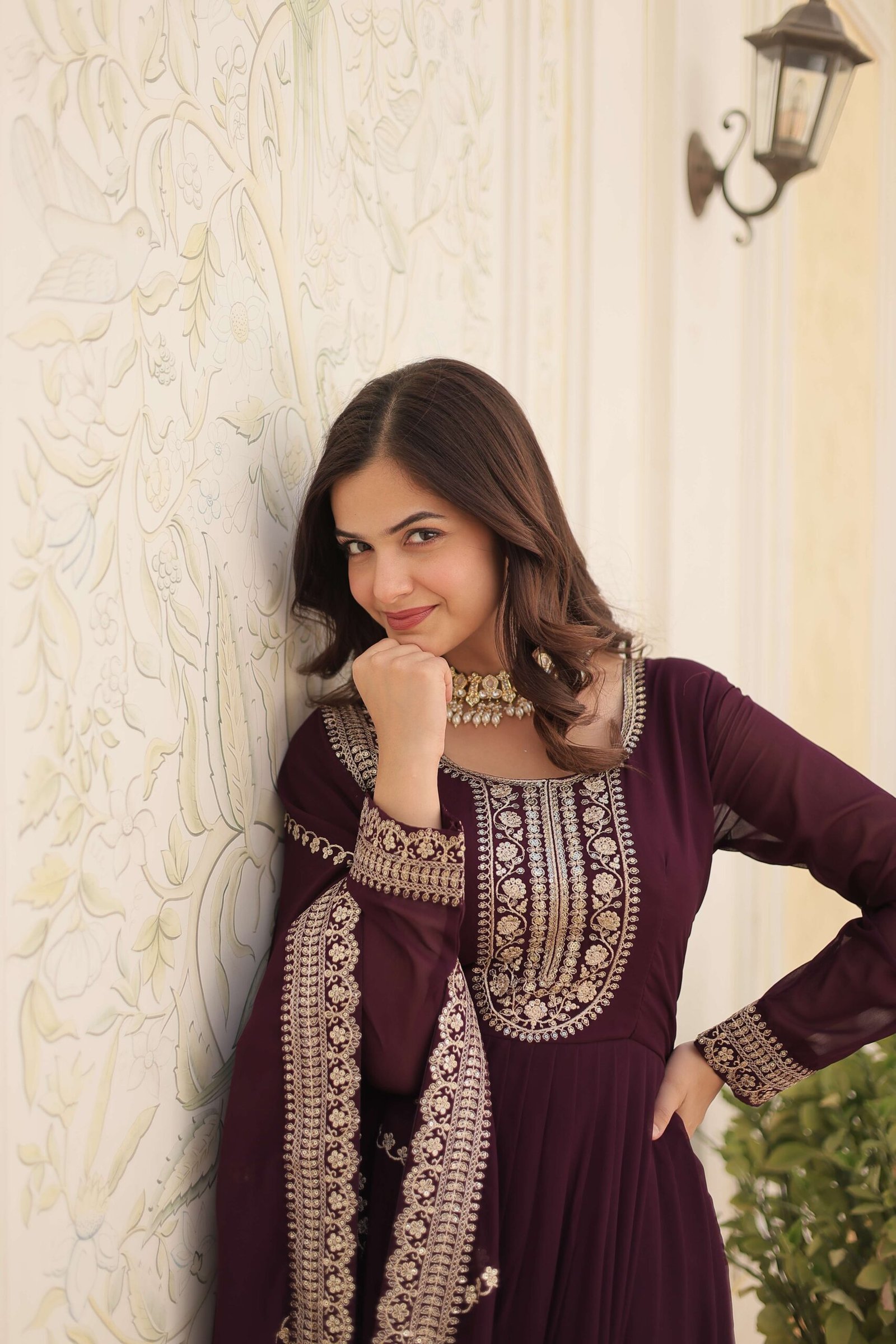Wine Faux Blooming Sequins Embroidered Gown with Matching Dupatta ? Festive & Party Wear 2024 - Image 8