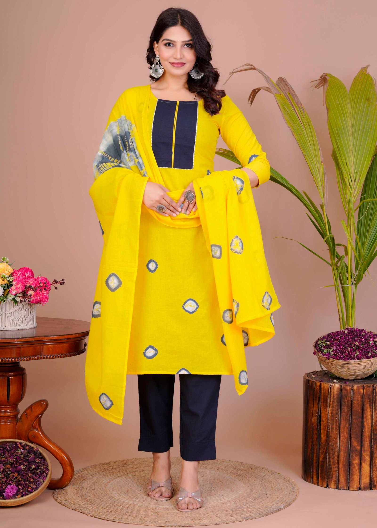 Women's Yellow & Navy Cotton Tie-Dye Straight Kurti with Pant & Dupatta Set - Image 4