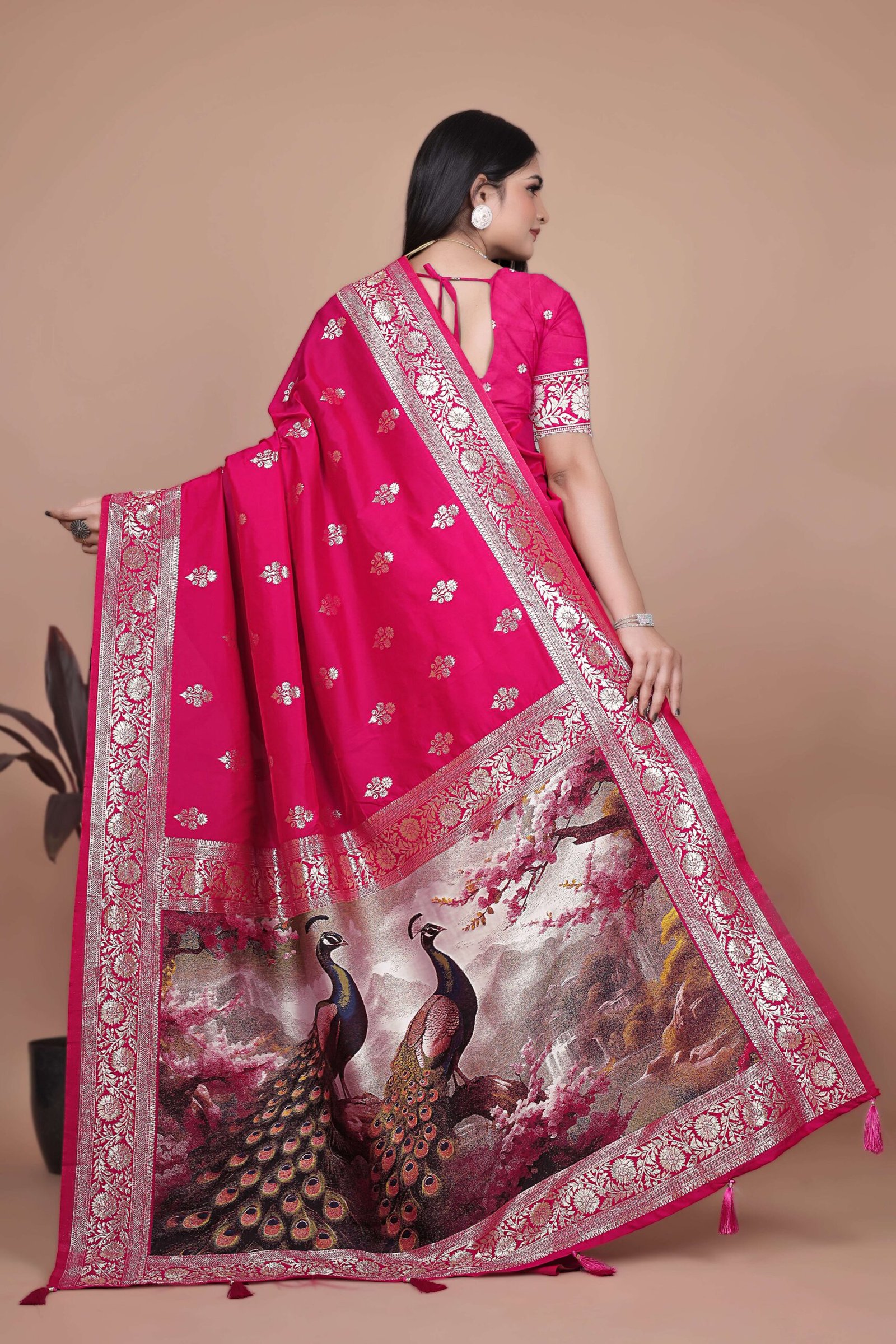 Majestic Magenta Silk Saree with Silver Zari & Twin Peacock Pallu | Wedding, Festive & Traditional Wear - Image 6