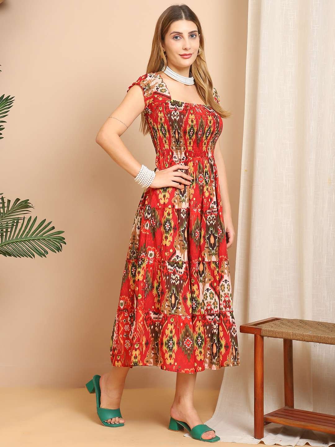 Women's Viscos Rayon Printed Off Shoulder Midi Dress For Summer And Casual Wear (Red) - Image 3